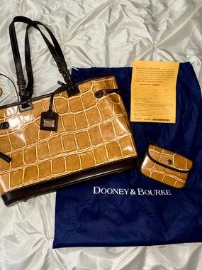 Dooney & Bourke Croco Embossed Leather Double Strap Tassel Bag Wheat + Pouch